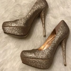 Baker’s shoes Victoria G gold sparkly heels